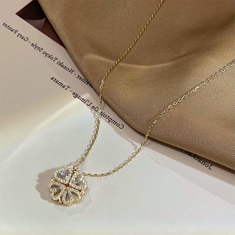 Retro Magnetic Folding Heart Shaped Four Leaf Clover Pendant Necklace Women Love Clavicle Chain Gifts Openable Choker Jewelry - Image 8